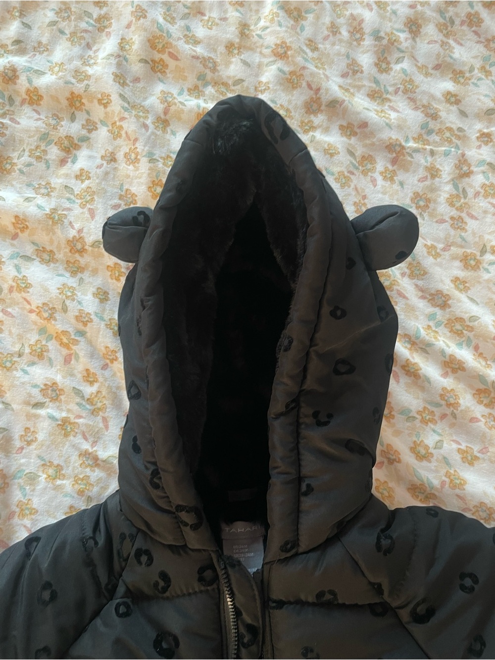 Tahari Black Quilted Hooded Puffer with Subtle Spot Pattern - Picture 2 of 4